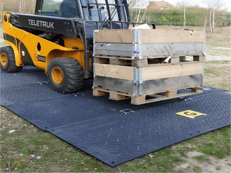 Custom Ground Mat Manufacturing A worker using a CNC machine to cut a custom shape out of a large plastic sheet